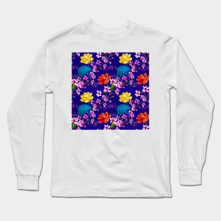 Asian Blue Floral Fusion Long Sleeve T-Shirt